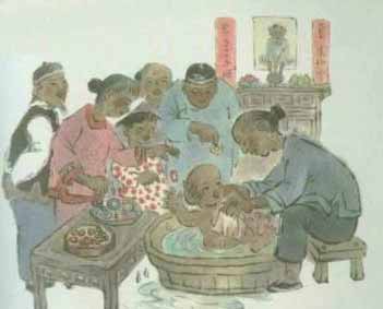 给出生三天后的小孩“洗三”