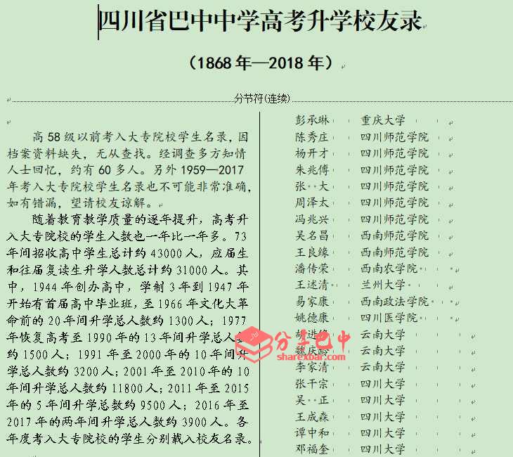 巴中中学高考升学校友录（1868年—2018年）
